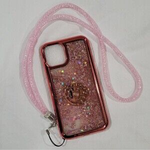 Iphone 11 Pro Glittery Rose Gold Pink Phone Case with Lanyard